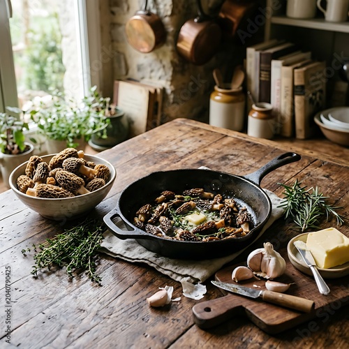 Rustic morel mushrooms cooking in cast iron skillet with fresh herbs