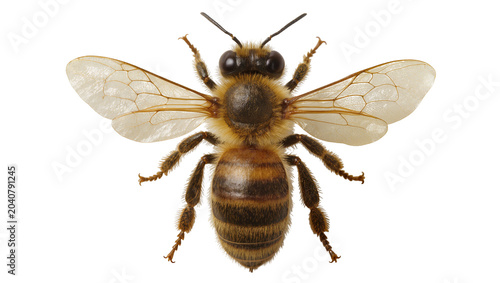 Fotografia Detailed macro view of a fuzzy honey bee with translucent wings, isolated on tra