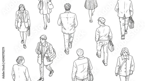 Fotografía people walking line drawing pedestrians street urban sketch black white illustra