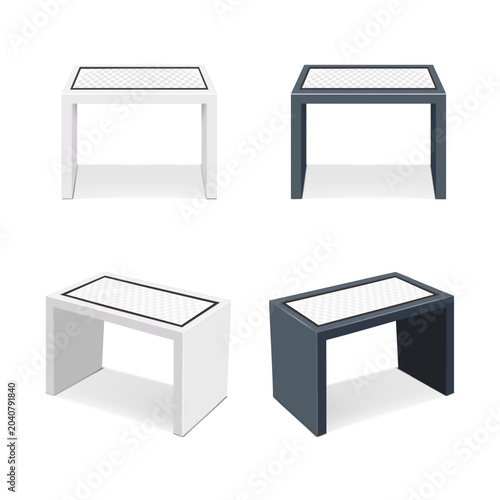 Interactive table with touch screen multitouch panel. Front and half-turned. Realistic 3d vector mockup set. Desk with tabletop touchscreen digital display. Mock-up. Floor self-service kiosk. Template