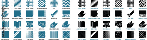 Фотография Set of fabric weave types, textile edges, pleats, and finishes icons