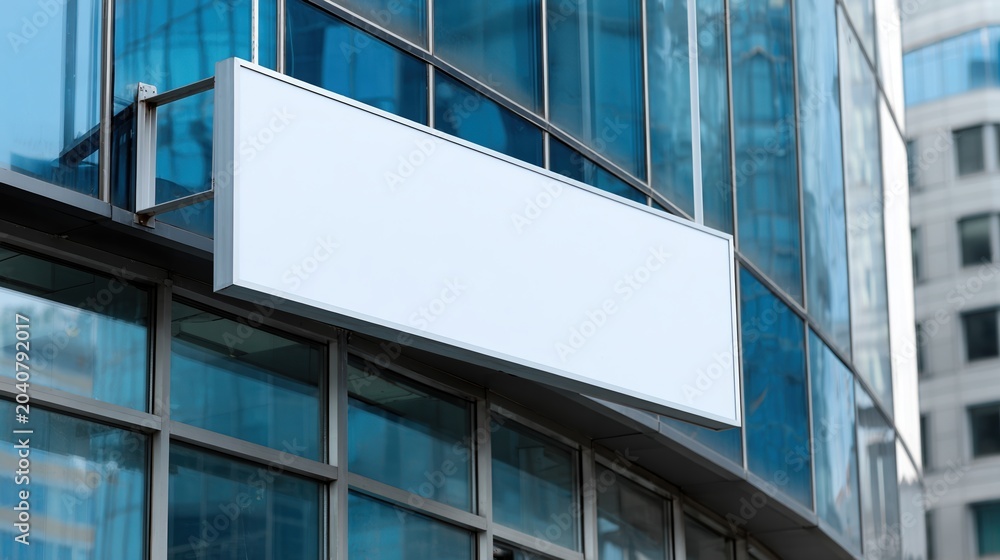 Obraz premium Blank rectangular storefront sign mounted on glass facade