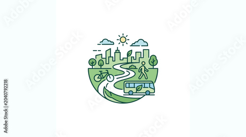 Eco-friendly city life illustration, sustainable transport, urban green space, clean environment
