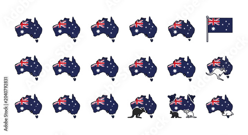 Bild auf Leinwand Australia Map Icons with Flag and Kangaroos, Diverse Symbols of Down Under