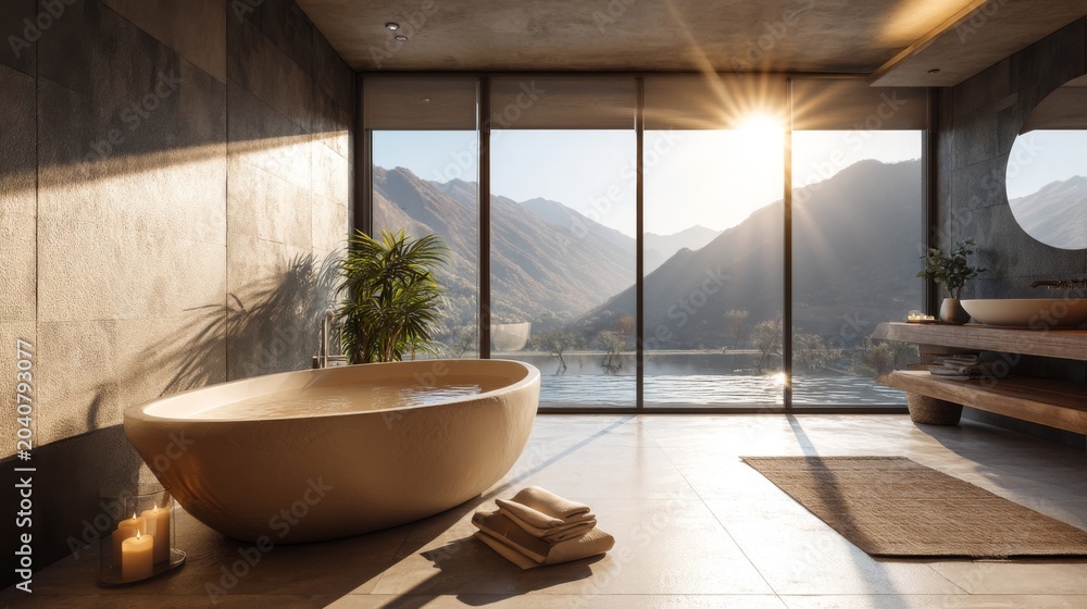 Fototapeta premium Serene Modern Bathroom with Bathtub and Mountain View, Natural Light Streaming through Glass Windows, Calming Interior Design Elements