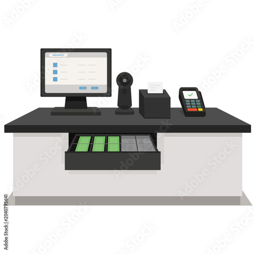 Retail store checkout counter desk equipped with computer monitor, card terminal, and cash drawer
