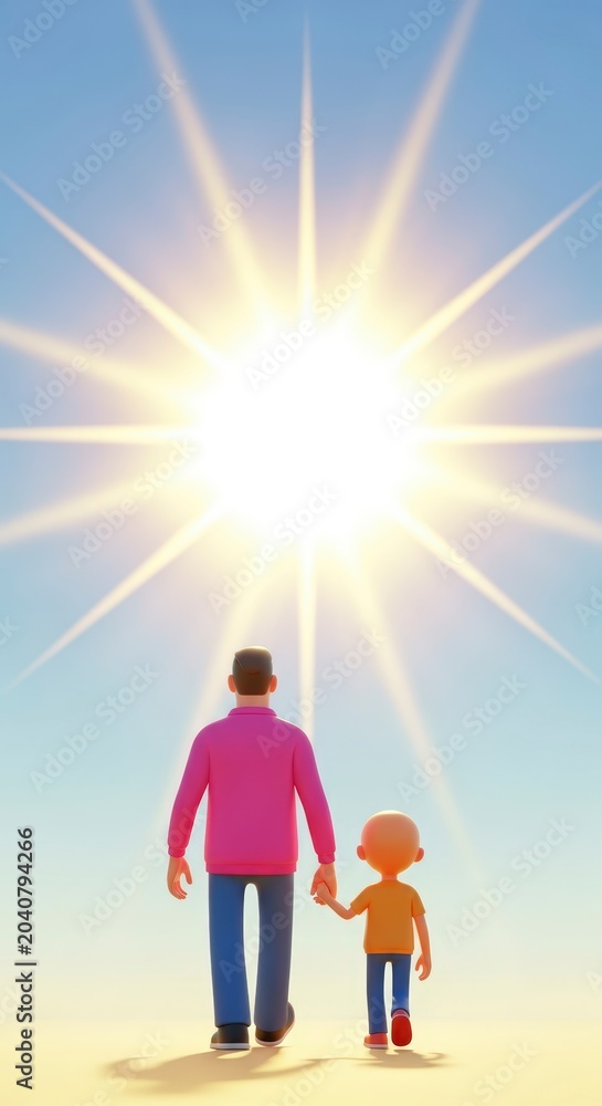 Fototapeta premium Father and child walking towards bright sun.