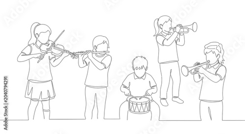 Photography Children's orchestra performing music with violin, flute, drums, and trumpets in continuous line art