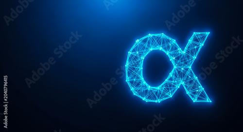 A glowing neon blue alpha symbol with a polygonal wireframe design stands out against a dark background.