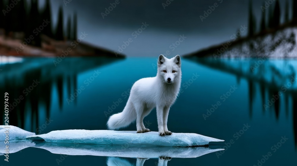 Fototapeta premium Majestic Arctic Fox Standing on Floating Ice in a Frozen Landscape Surrounded by Calm Waters and Trees
