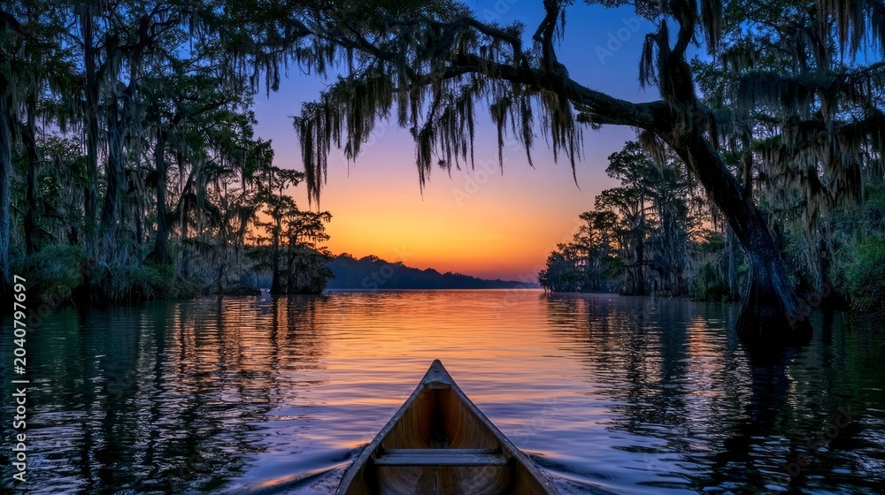 Fototapeta premium Serene Wooden Canoe Drifting Through Mystical Swamp at Sunset with Reflections and Tranquil Atmosphere