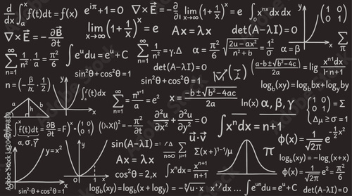 Fotografía Mathematical equations and formulas on blackboard.