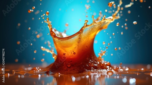 Dynamic brown coffee splash with liquid droplets rising against a vibrant blue background in a studio setting