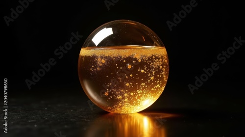 Clear glass sphere filled with golden liquid and floating oil bubbles glowing against a dark black background setting