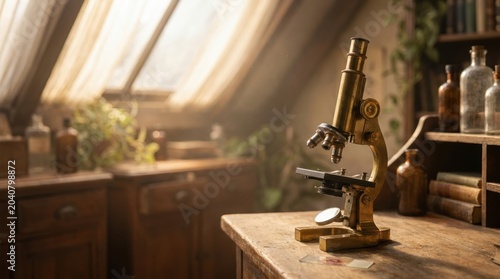 Antique brass microscope stands on a rustic wooden table in a sunlit historic laboratory creative design image