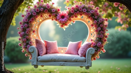 Beautiful romantic sofa swing decorated with pink and purple flowers in a heart shape in a lush green garden setting