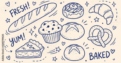 Foto Fresh Bakery Bread Doodle Collection Illustration Featuring Artisan Pastries And