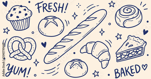 Obraz na płótnie Fresh Bakery Doodle Collection Illustration Featuring Bread Croissants Pastries