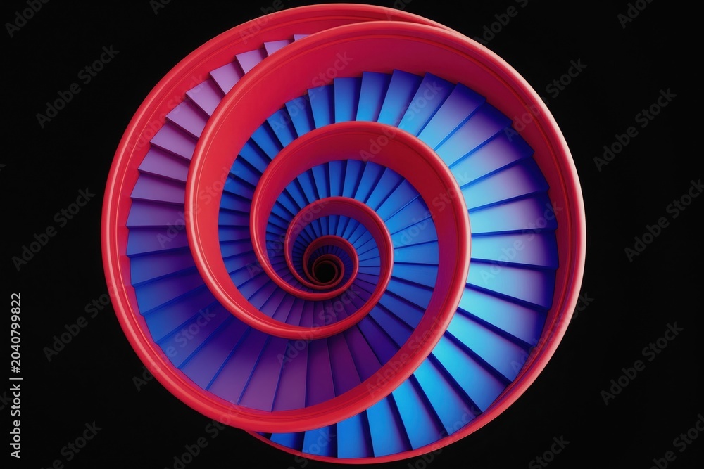 Fototapeta premium Red and blue 3d render spiral staircase going down into darkness. Infinite stairs with circular pattern. Abstract visual background for design projects.