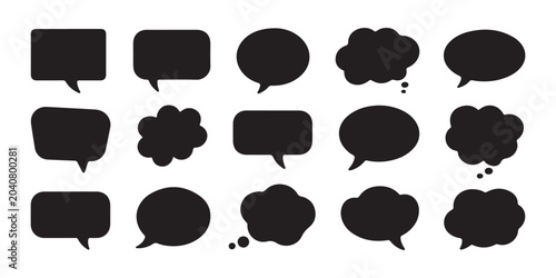 Collection of black speech bubble silhouettes in various shapes for comic book dialogue and chat interaction.