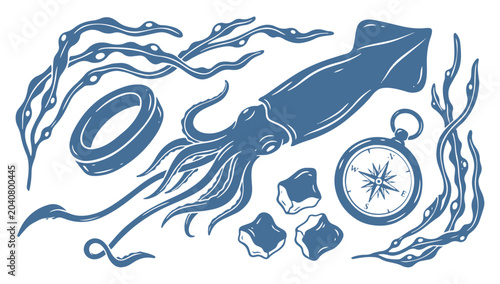 Nautical inspired hand drawn blue squid, compass, and seaweed vintage ocean adventure illustration set.