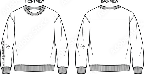 Crewneck sweatshirt vector template featuring ribbed cuffs and waistband details showing blank front and back technical flat views