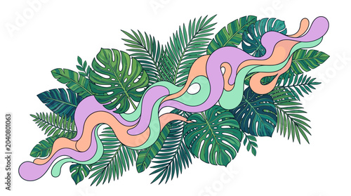 Abstract Tropical Leaves with Pastel Swirls