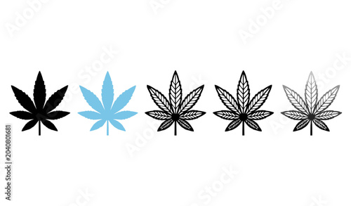 Comprehensive Cannabis Leaf Icons Set, Minimalist Marijuana Vector Graphics progression, Legal Medical Weed Outlines and Silhouettes Isolated on White Background