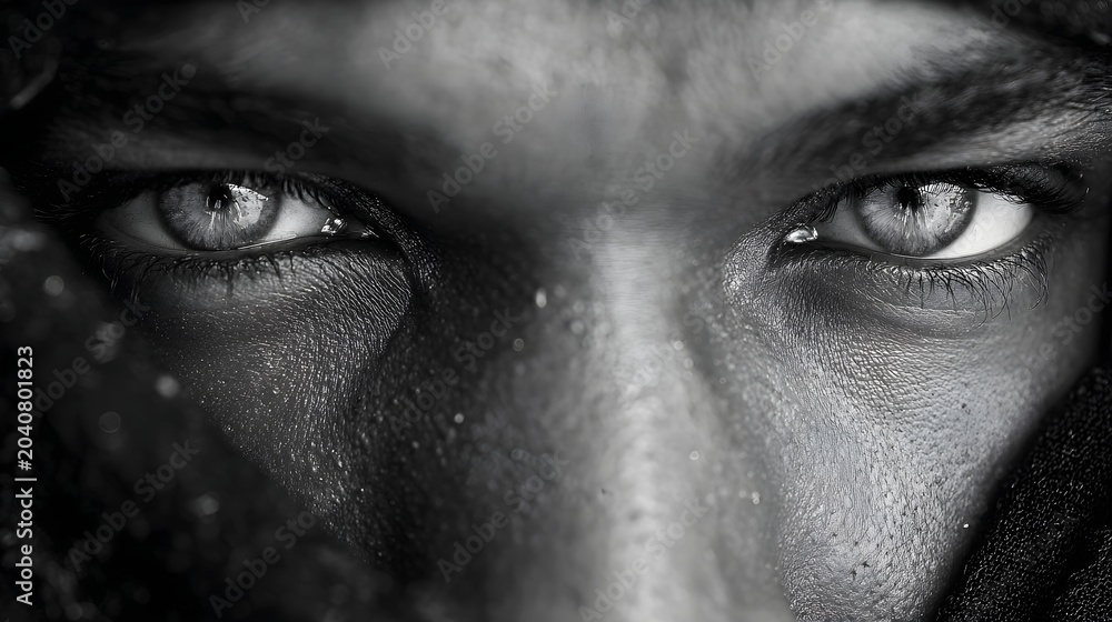 Naklejka premium Intense eyes of a man closeup black and white portrait looking at camera with face covered by dark scarf bedouin warrior look