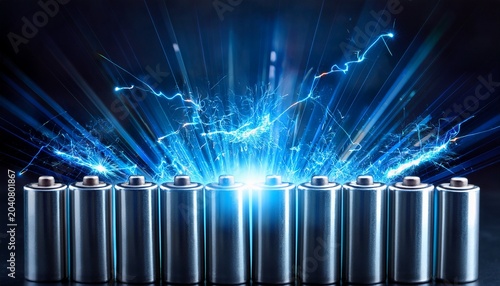 rows of rechargeable batteries with blue light glow and electrical sparks on dark background