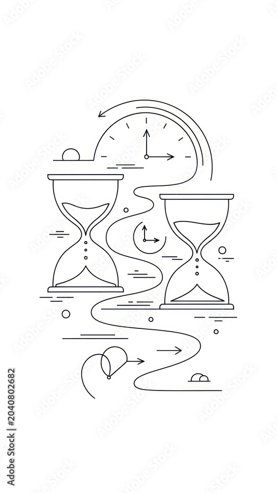 Obraz premium Whimsical travel journey illustration with hourglasses, compass, and winding path.