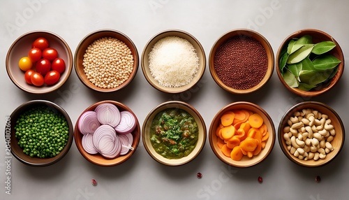 ten ingredient bowls ready for cooking and meal preparation overhead view