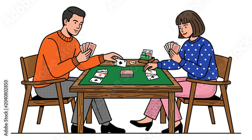 Couple playing cards game at table, leisure activity, indoor fun, illustration