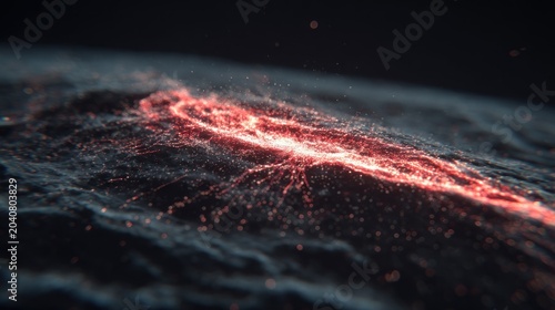 Glowing particulate matter streams across a dark, textured surface representing celestial or digital activity