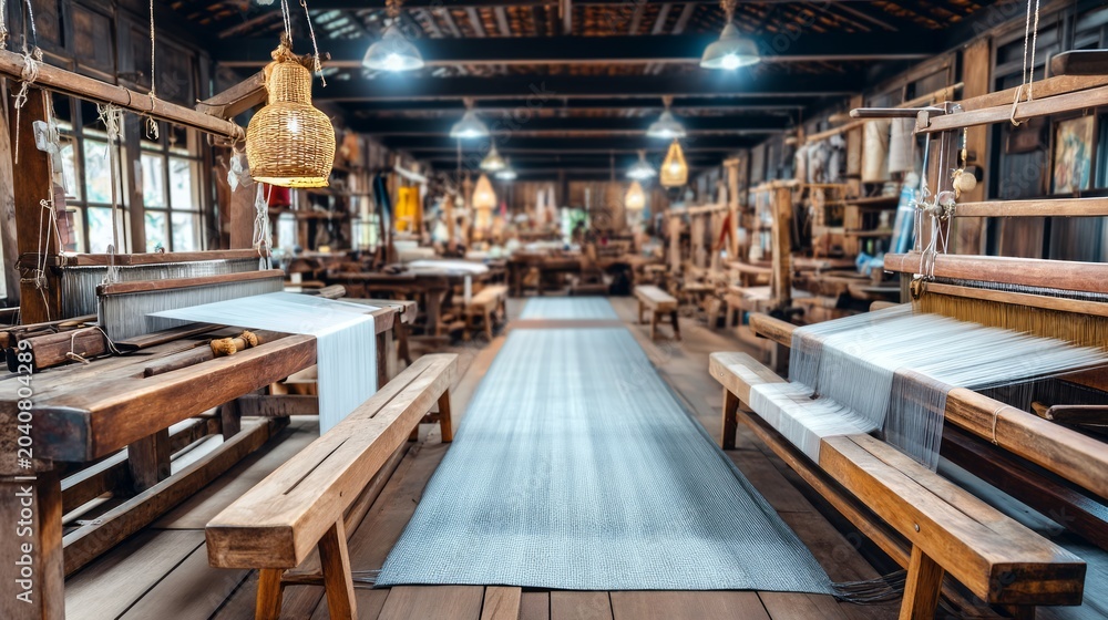 Fototapeta premium Traditional Thai Silk Weaving Studio Showcasing Heritage Techniques and Craftsmanship in Beautiful Setting