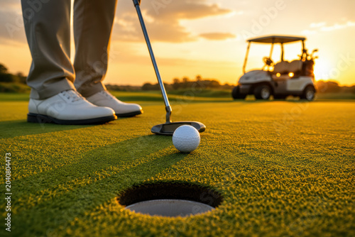 A golf player putting a ball into the hole on a beautiful green grass field during a warm golden sunset afternoon