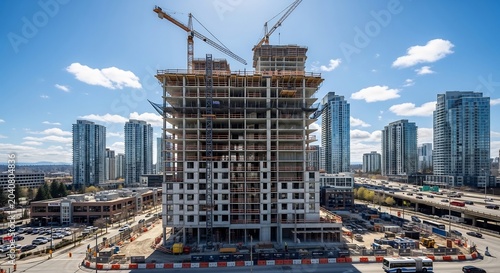 Modern Construction Site with Tower Cranes and Surrounding City Buildings.