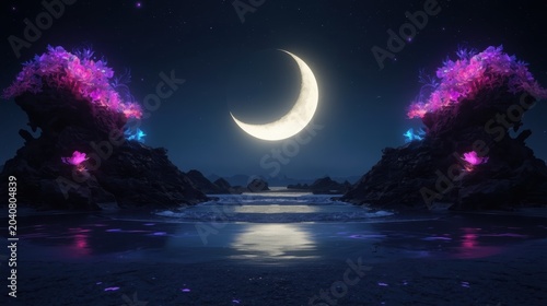 Crescent moon shining over a dark calm ocean with glowing purple trees on the rocky shore at night