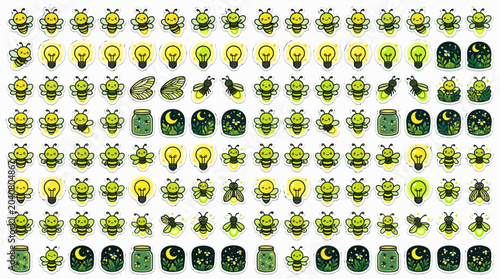 Cute Firefly and Lightbulb Vector Icons Set