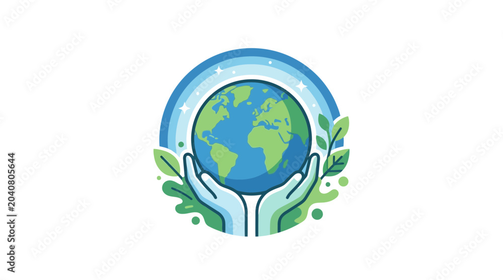 Fototapeta premium Hands Holding Planet Earth with Green Leaves and Rainbow Arch