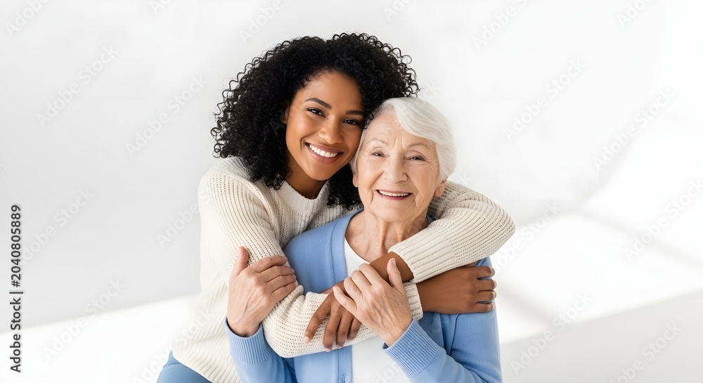 Obraz premium Smiling caregiver hugging senior woman, happy home care assistant