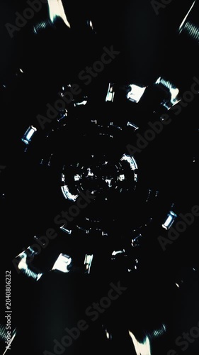 A monochrome 3D animation featuring a dark cybernetic portal with flicking white lights, ideal for tech backgrounds and sci-fi transitions.