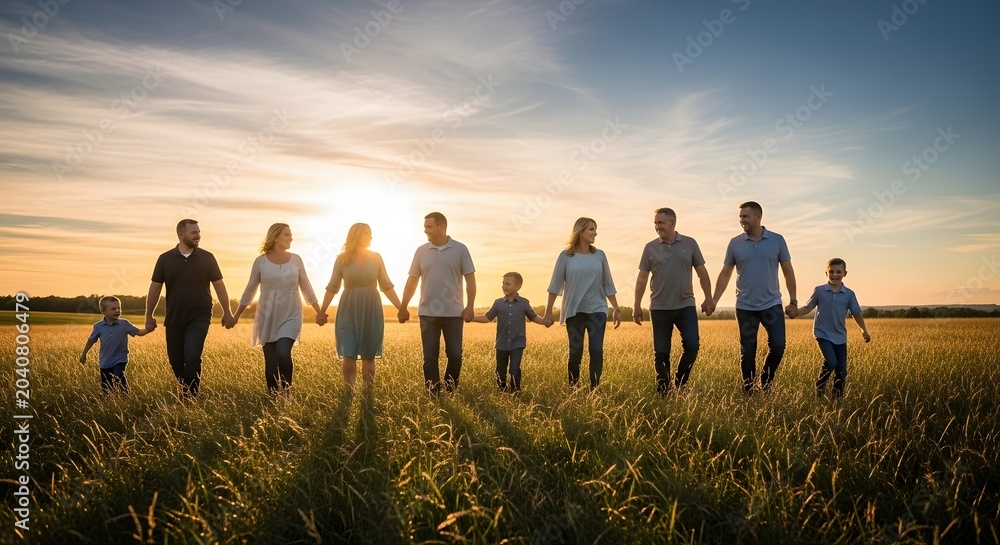 Fototapeta premium Happy multi-generational family walking in field, sunset landscape