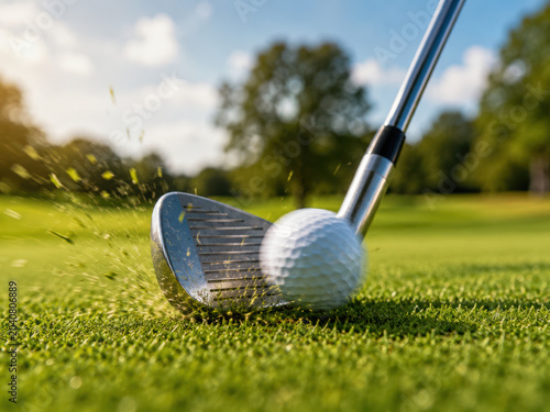 A golf club hitting a white ball on a green grass field with flying dirt and turf in a sunny summer day