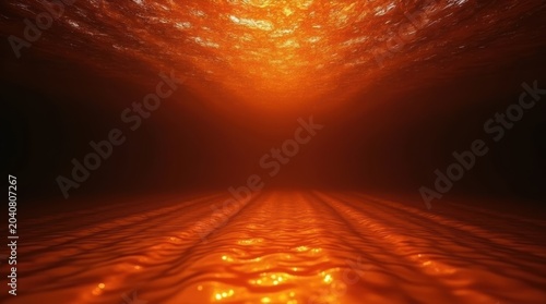 Abstract background with glowing orange liquid waves and dark tunnel perspective for creative digital design
