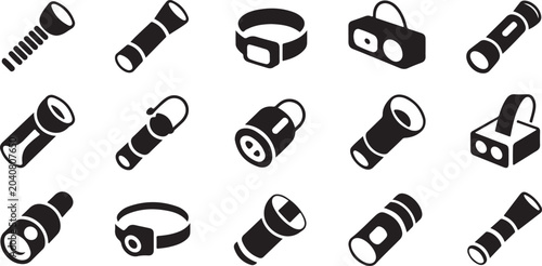 Flashlight and headlamp icon set featuring portable torch styles lanterns and industrial lighting equipment for camping safety.