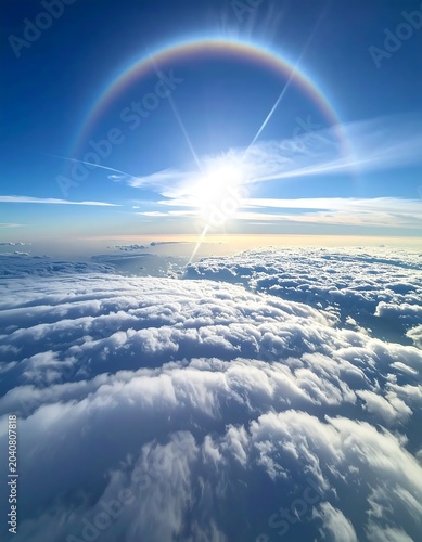 Majestic rainbow over snowy mountain peaks.