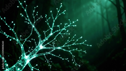 Neural network branching structure glowing cyan in deep forest mist