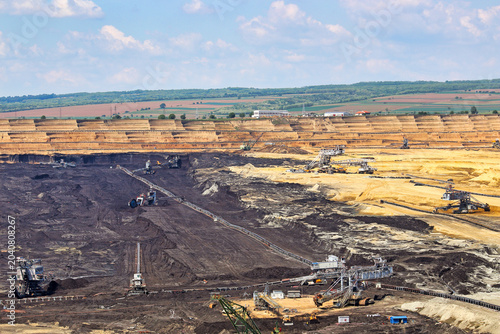 Panoramic View of Massive Open Pit Coal Mine in Kostolac Serbia with Excavators