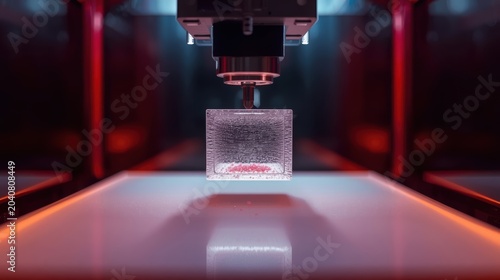 Industrial laser engraving machine processing a small glass block in a dark room with glowing red lights